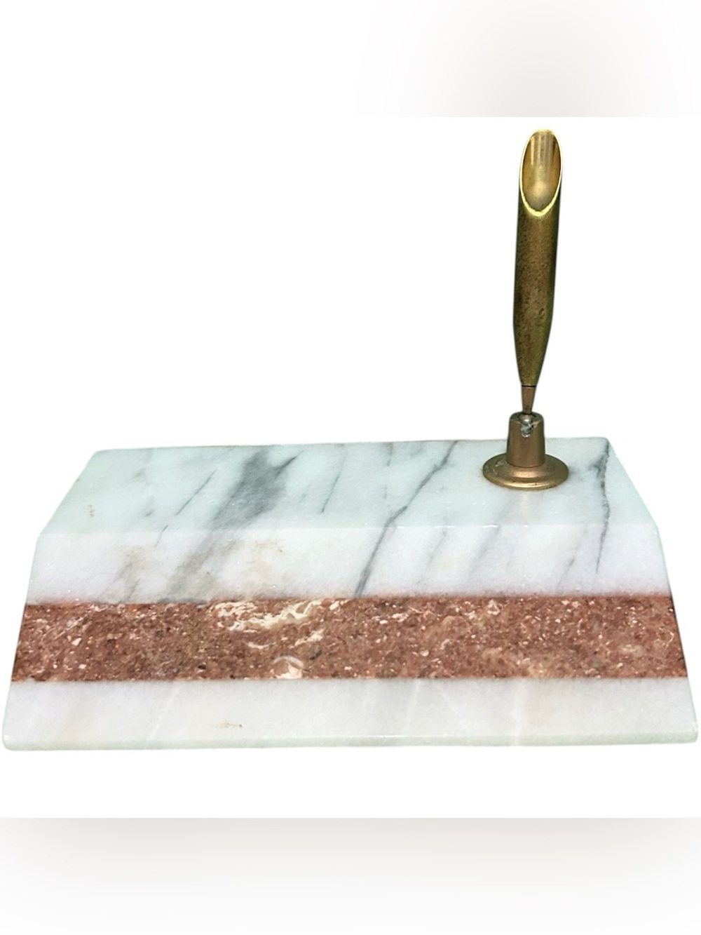 Vintage Marble Base Desk Pen Holder For Fountain Pen Brass